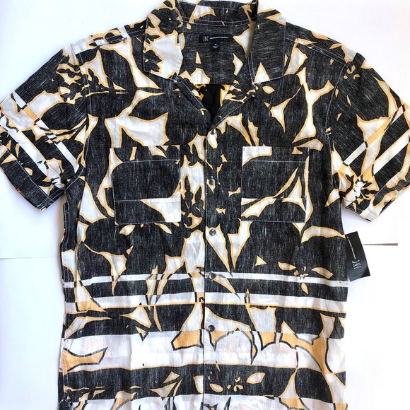 INC Men’s Fragmented Linen Print Short Sleeve Shirt, Sparkling Sun, M - Picture 3 of 6